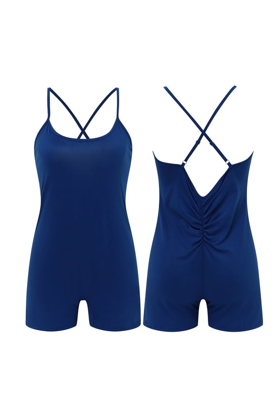 Womens Yoga Pants Solid Color Rompers Sleeveless Fitness Rompers V Back Tights Lovely Trousers Blue Xl