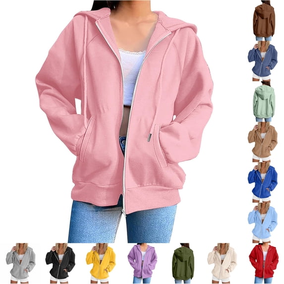 Rhuody Zipper Hoodies For Women Solid Color Loose Fit Long Sleeve Sweatshirts With Pocket Fall Winter Jackets 5Xl Pink