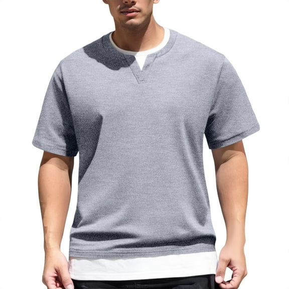 Rhuody mens t shirts Short Sleeve Tee Double Layer Two Piece Tee Style Round Neck Tee Solid color Tops Clothings Light Gray S