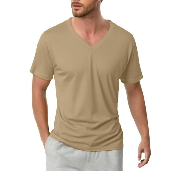 Rhuody mens t shirts Short Sleeve Tee Solid Color V Neck Tee Spring And Summer Lightweight Top Handsome Clothes Khaki L