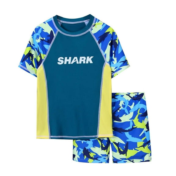 Rhuody swimsuit boy 9-10 Years Retro Quck Dry 2 Piece Swim Set Short Sleeve Rash Guard Swim Trunks With UPF 50  For Hot Spring Beach Blue