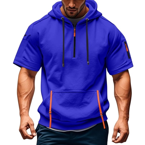 Rhuody t shirts for man Short Sleeve Hoodies And Sweatshirts Style Slim Fit With Pocket For Spring And Summer Solid color Tops Soft Wear Blue 2XL