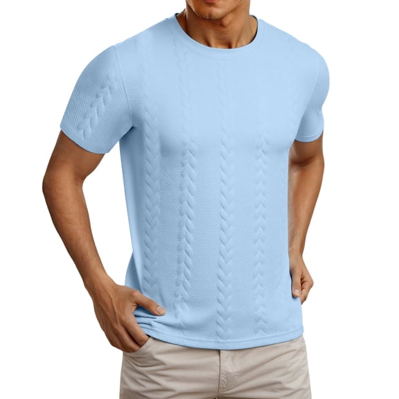 Rhuody t shirts for man Short Sleeve Tee Round Neck Jacquard Summer Tee Home Outing Party Solid color Tops Wear Blue S