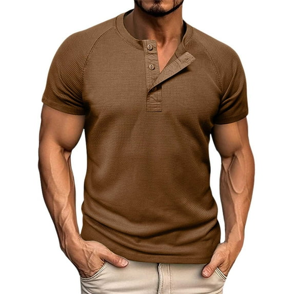 Rhuody t shirts for men Short Sleeve Round neck Tee Shirts Shirt Solid Colour Sports Tops Clothings Khaki 2XL