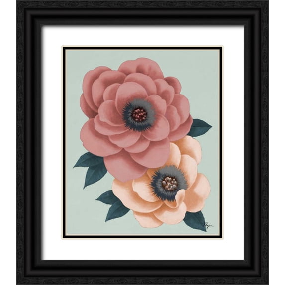 Rhyan, Vivien 12x14 Black Ornate Wood Framed with Double Matting Museum Art Print Titled - Pink Flowers on Mint I