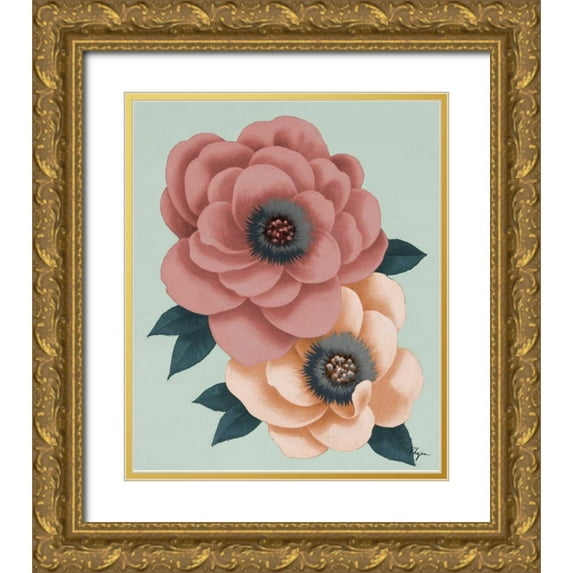 Rhyan, Vivien 20x23 Gold Ornate Wood Framed with Double Matting Museum Art Print Titled - Pink Flowers on Mint I