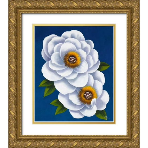 Rhyan, Vivien 26x31 Gold Ornate Wood Framed with Double Matting Museum Art Print Titled - White Flowers on Blue I