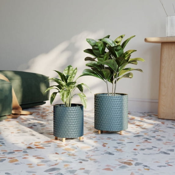 Rhys Blue-Green Planter Pot with Peg Leg Planter Base - (Small & Medium Set)