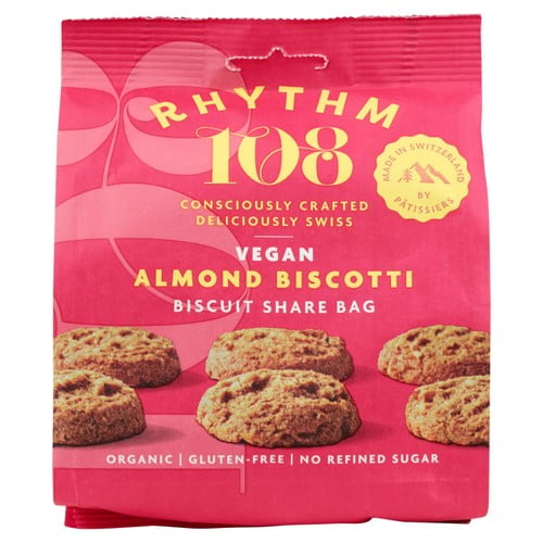 Rhythm 108 Swiss Vegan Almond Biscotti Biscuit Share Bag 135g, British Import (Pack of 2)