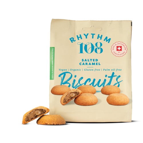 Rhythm 108 Swiss Vegan Salted Caramel Filled Biscuits 135g, British Import (Pack of 2)