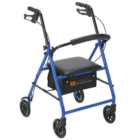 Rhythm Healthcare 4 Wheel Rollator, Steel Walker with 12x12" Seat and 6" Wheels, Blue
