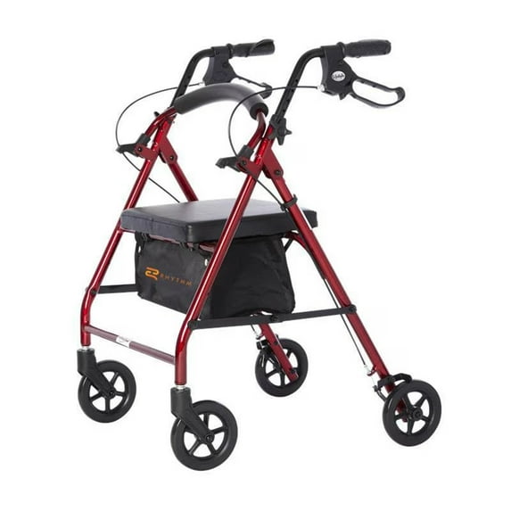 Rhythm Healthcare Royal Aluminum Rollator Lightweight 4 Wheel Walker Seat, Red