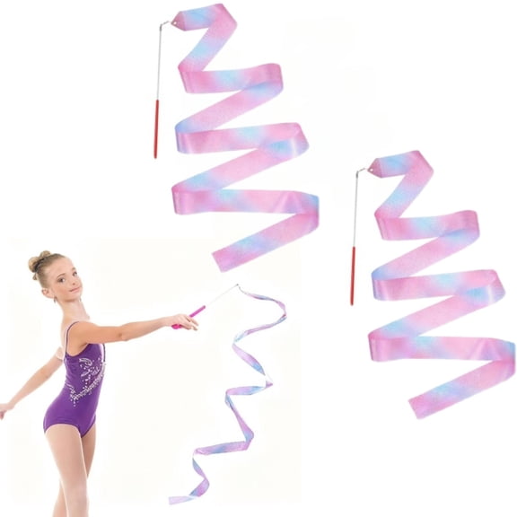 Rhythmic Gymnastics Ribbon - 2 Pack Rainbow & Glitter Dance Ribbons with Wands(Sparkling Stars)