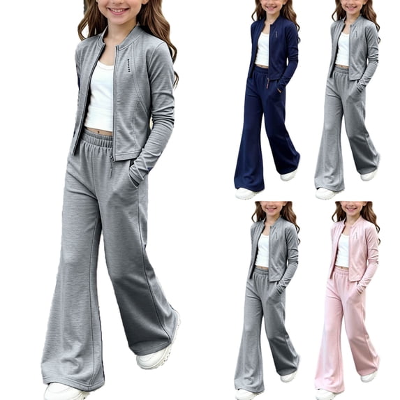 Rhythmode Girls 2 Piece Workout Set Long Sleeve Zip Up Stand Collar Jacket Flare Yoga Pants Kids Casual Athletic Outfit