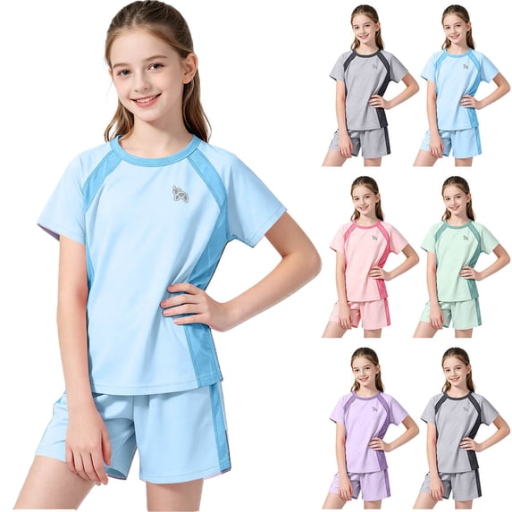 Rhythmode Girls Boys Two Piece Quick Dry Athletic Set Short Sleeve Crew Neck Shirt Shorts Kids Workout Activewear Outfit