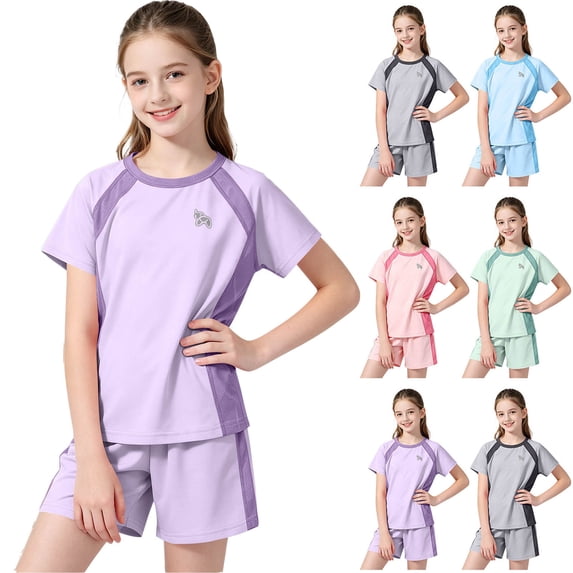 Rhythmode Girls Boys Two Piece Quick Dry Athletic Set Short Sleeve Crew Neck Shirt Shorts Kids Workout Activewear Outfit