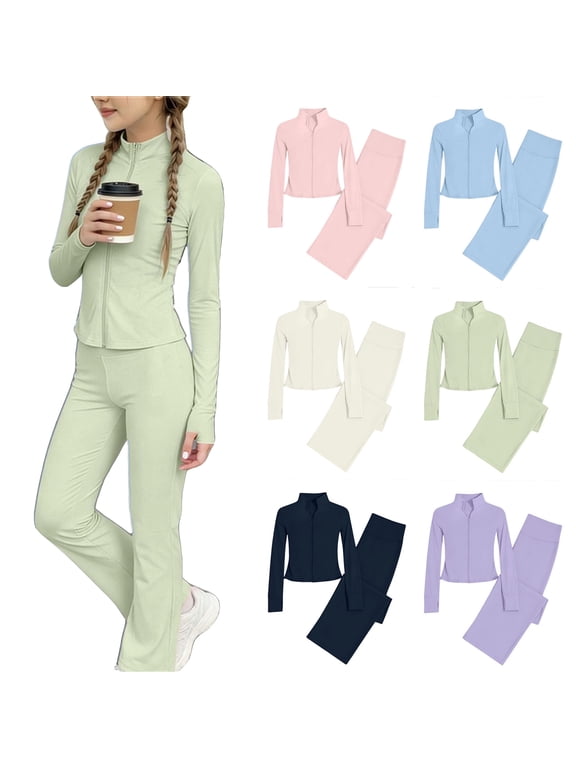 Girls Two Piece Workout Set Long Sleeve Zip Mock Neck Jacket and Flare Yoga Pants Active Outfit for Tween Girls