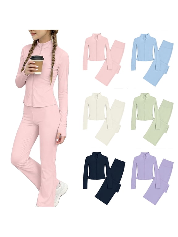 Girls Two Piece Workout Set Long Sleeve Zip Mock Neck Jacket and Flare Yoga Pants Active Outfit for Tween Girls