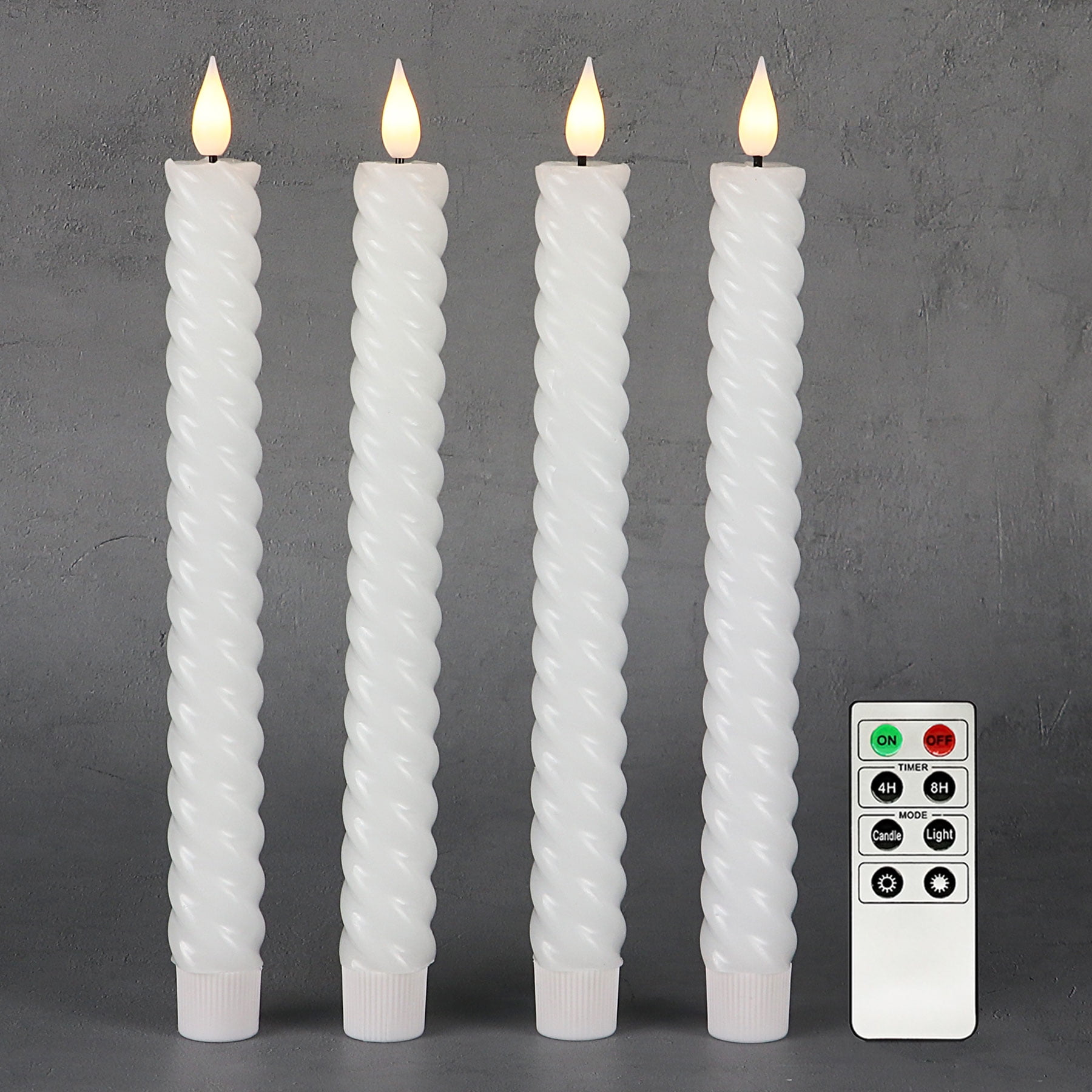 "Rhytsing 10"" 4Pcs LED Flameless Taper Candles, White Twisted, Timer