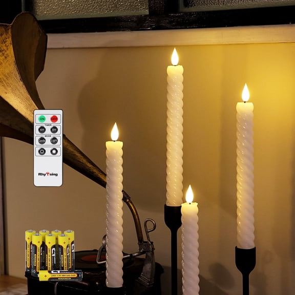 Rhytsing 10" White Flameless Twist Taper Candles with Timer, Battery Operated Spiral Candlesticks, Warm White Light, Remote & Batteries Included - Set of 4