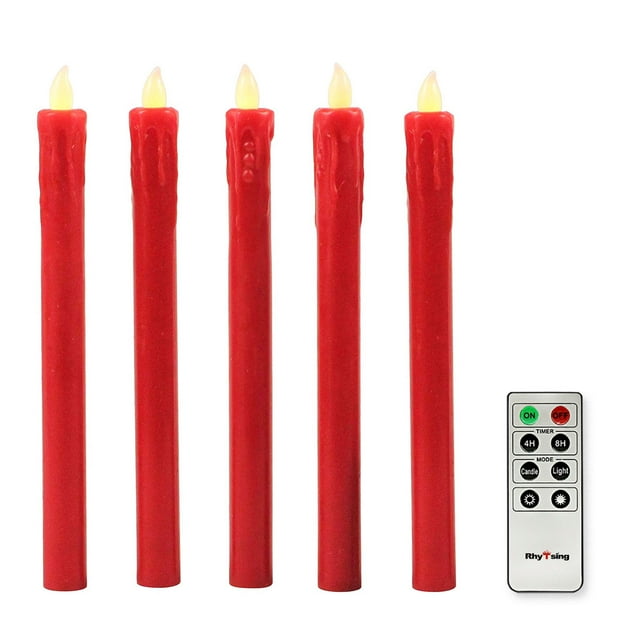 Rhytsing 10" PushActivated 5Pcs Red Flameless Taper Candles with Timer
