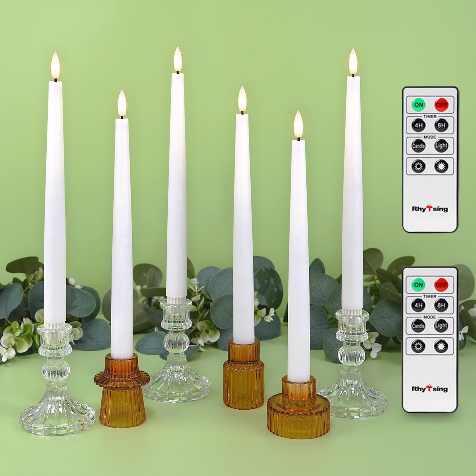 Rhytsing 11.4" Flameless Taper Candles with Timer Function, Battery Operated Dinner Tall Candlestick Rustic Wax, Warm White LED, 2 Remotes Included - Set of 6 (White)