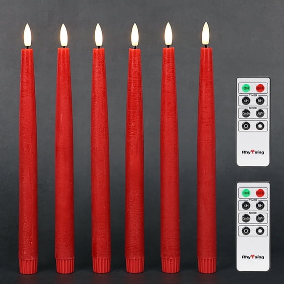Rhytsing 11.4" Flameless Taper Candles with Timer Function, Battery Operated Dinner Table Tall Candlestick Rustic Wax, Warm White LED, 2 Remotes Included - Set of 6 (Red)