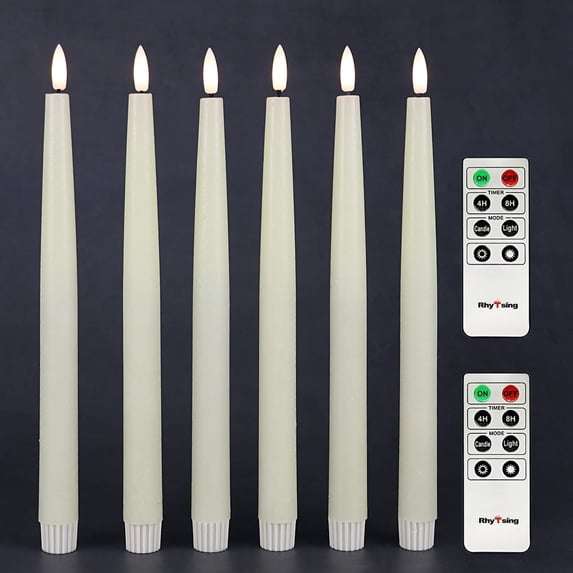 Rhytsing 11.4" Flameless Taper Candles with Timer Function, Battery Operated Dinner Tall Candlestick Rustic Wax, Warm White LED, 2 Remotes Included - Set of 6 (Ivory)