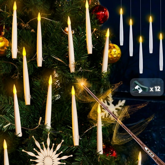 Rhytsing 12 Pcs Flameless LED Floating Candles 6 inches with Magic Wand Remote for Halloween Party, Battery Operated Hanging Taper Candles with Fishing Line, Christmas Tree Clip On Candles with Timer