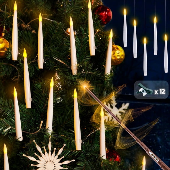 Rhytsing 12 Pcs Flameless LED Floating Candles 6 inches with Magic Wand Remote for Halloween Party, Battery Operated Hanging Taper Candles with Fishing Line, Christmas Tree Clip On Candles with Timer