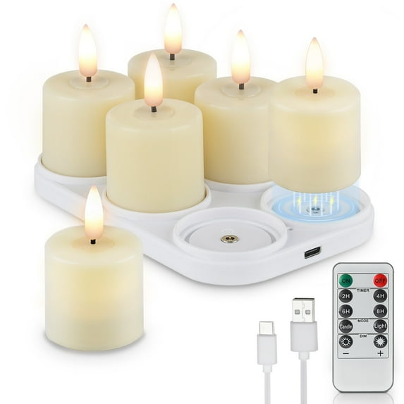 Rhytsing 6 Rechargeable Flameless Votive Candles with Timer for Home Decor, Led Faux Battery Operated Tealight Candles with Magnetic Charging Base, Type-C USB Cable, Remote Included-D1.6 X H2.7 inche