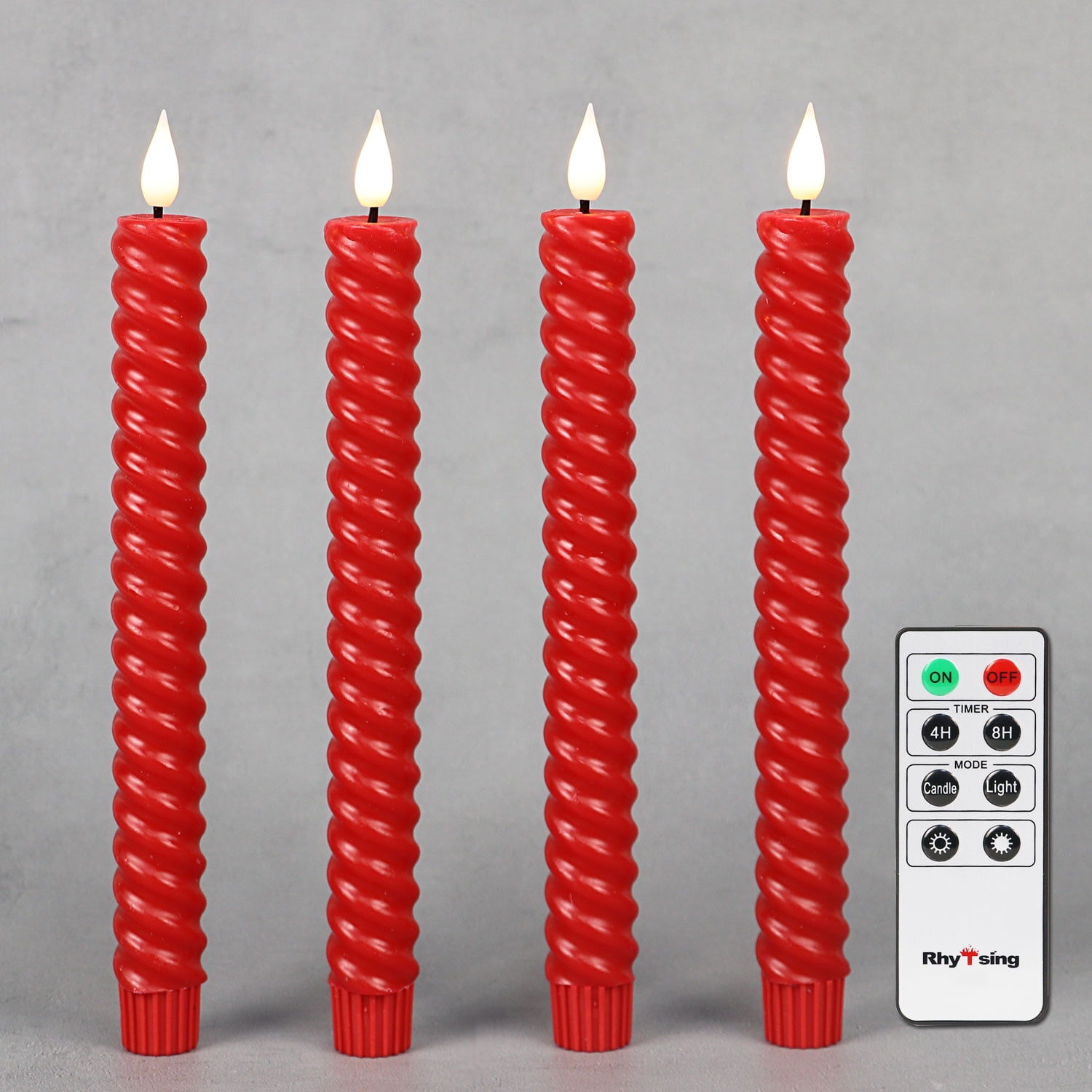 Rhytsing 9.6" 4Pcs Red Twisted Flameless Taper Candles with Timer