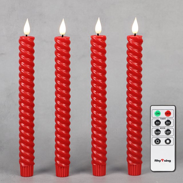 Rhytsing 9.6" 4Pcs Red Twisted Flameless Taper Candles with Timer