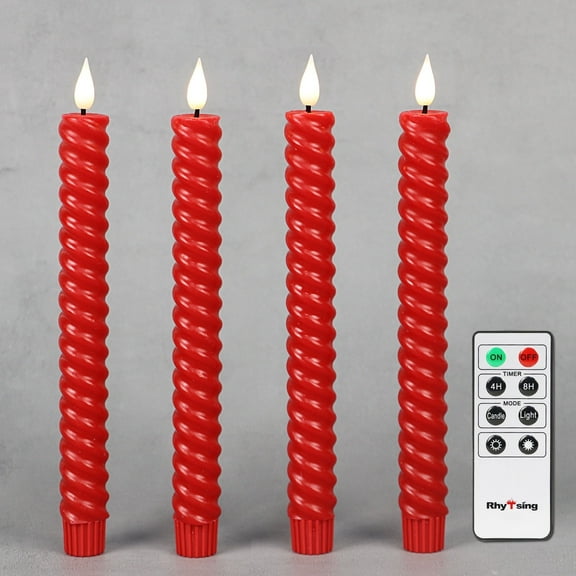 Rhytsing 9.6" 4Pcs Red Twisted Flameless Taper Candles with Timer - Remote & Batteries Incl.