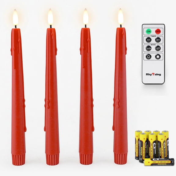 Rhytsing 9.6 inches Red Flameless Taper Candle with Remote, Battery Operated LED Dinner Candles with Timer for Christmas and Advent, Wax Dripping Design, 8 Batteries Included - Set of 4