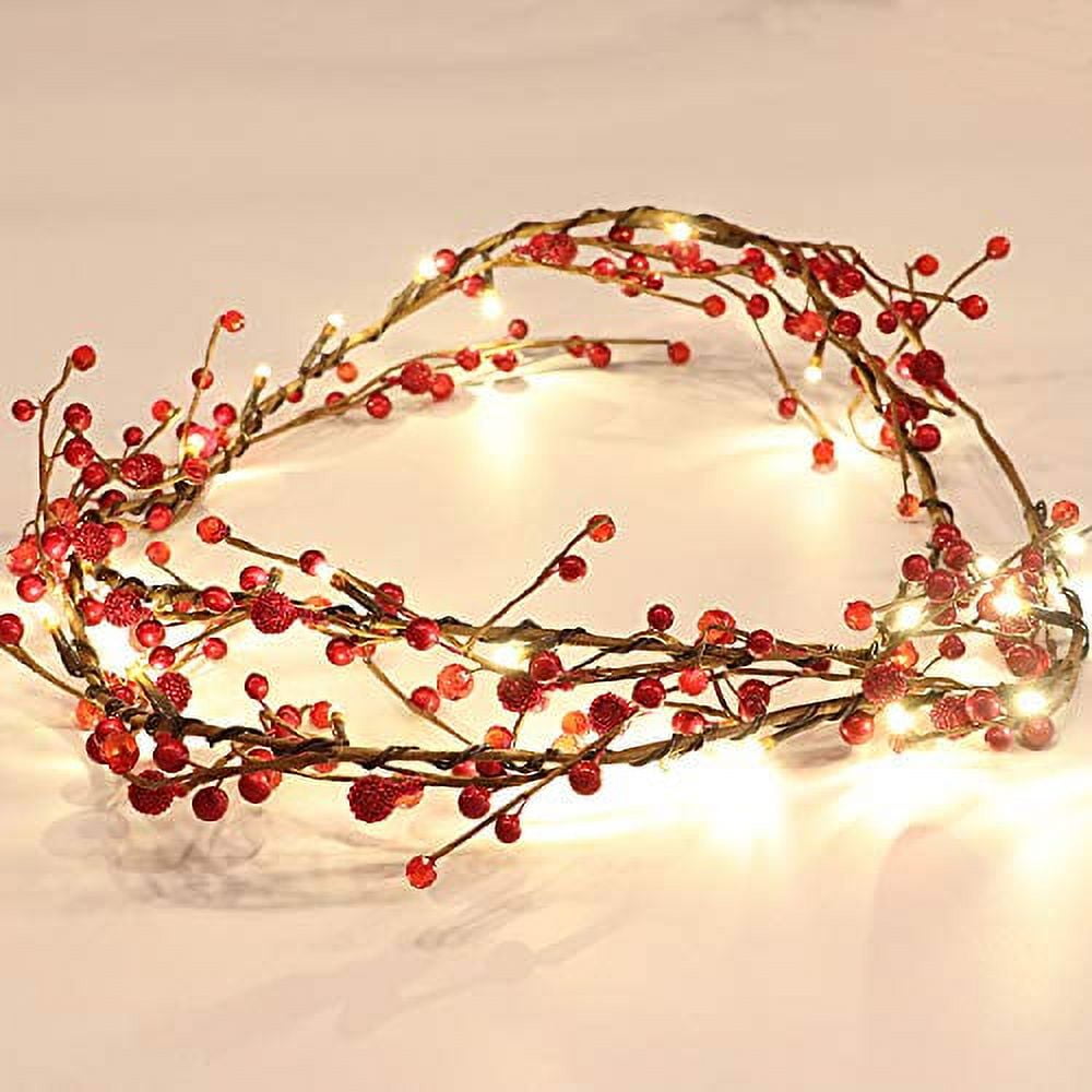 Rhytsing Red Berry Garland with 30 LED Lights, Battery Operated with Timer Function for Christmas - 5.9FT