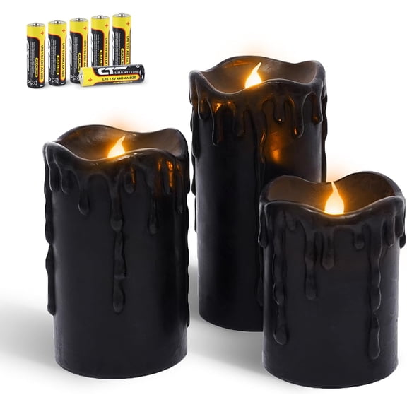Rhytsing Set of 3 Black Flameless Pillar Candles Real Wax Dripping Design, LED Battery Operated Flameless Candles with Timer for Halloween and Winter, 6 Batteries Included