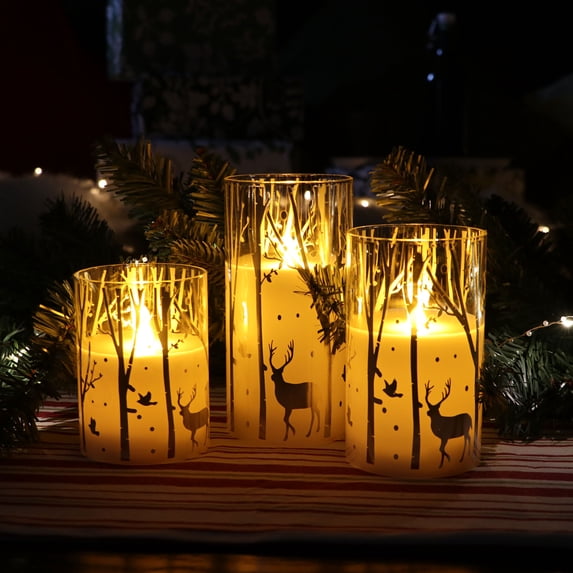 Rhytsing Silver Reindeer Design Glass Battery Operated Led Candles With Timer for Christmas