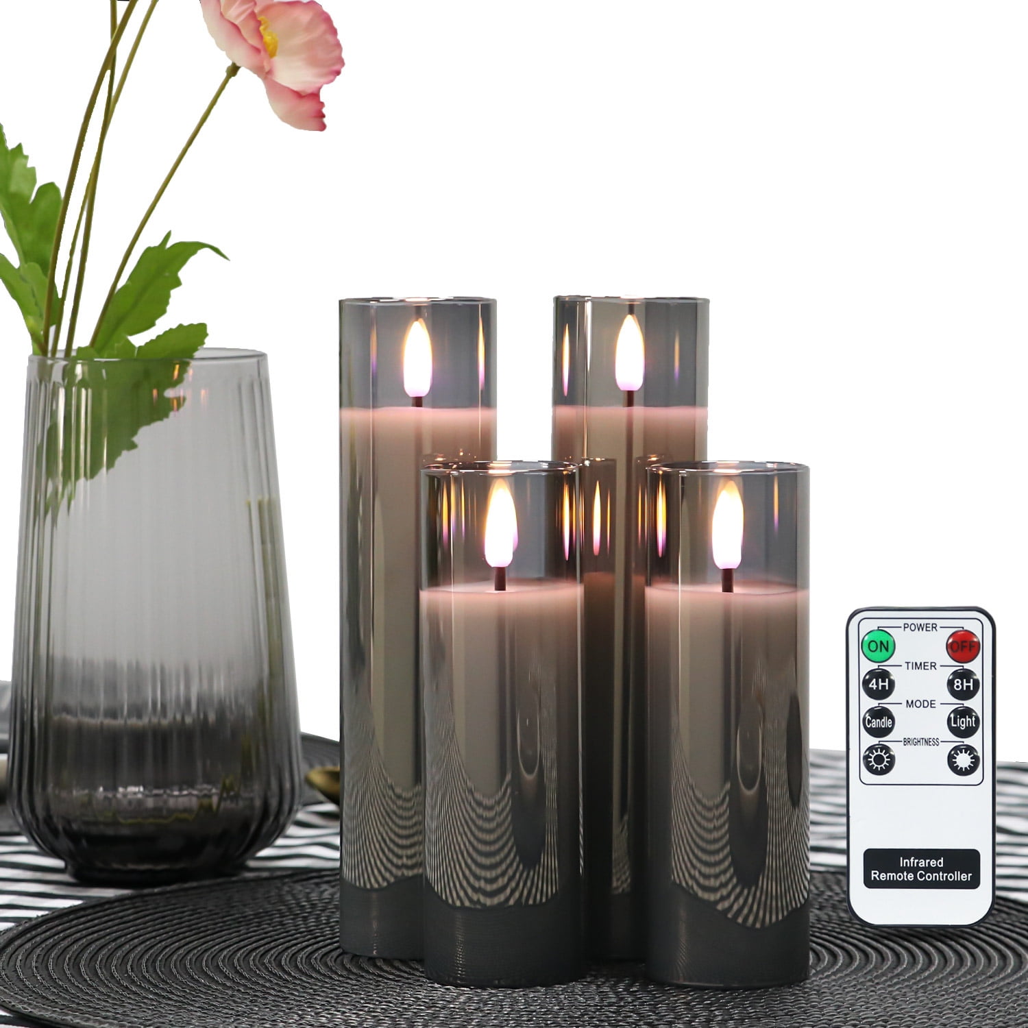 Rhytsing Smoked Glass Battery Operated LED Candles, Gray Slim Flameless