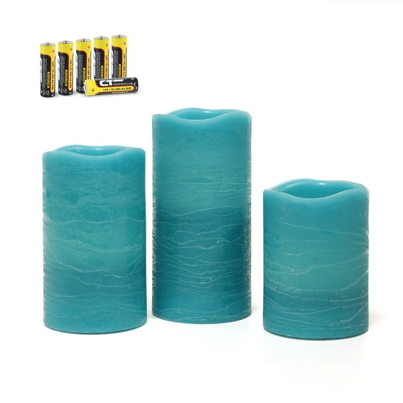 Rhytsing Turquoise Battery Operated Flameless LED Candles with Timer Function for Summer and Weddings, Warm White Light, Real Wax Finish, 6 Batteries Included - Set of 3