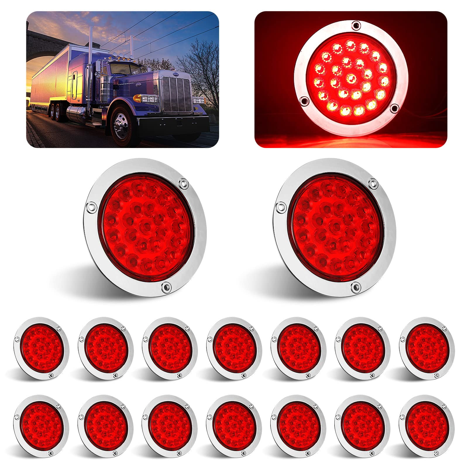 4 Inch Round LED Trailer Lights – 24 LED Stop/Turn/Brake Lights With Grommets, IP67 Waterproof, DOT Certified For Trucks, RV, Boat