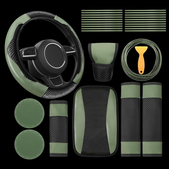 Riakrum 30 Pcs Car Accessories Set Red and Black PU Leather Steering Wheel Cover Auto Interior Accessories Gift Car Vent Trim Strips Air Conditioner Insert Strips with Installation Tool