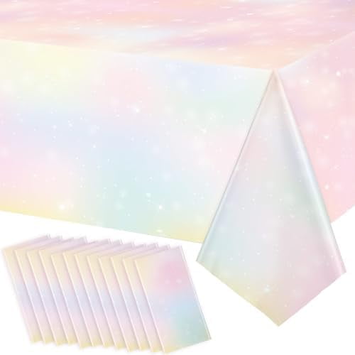 YNGLLC Pastel Rainbow Tablecloths Pastel Party Decorations Disposable Rainbow Tablecloth Waterproof Plastic Table Cover Supply for Birthday Wedding Bridal Shower 108 x 54 Inch(12 Pcs)