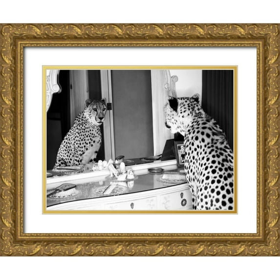 Rian, Emma 14x12 Gold Ornate Wood Framed with Double Matting Museum Art Print Titled - Cheetah looking in mirror