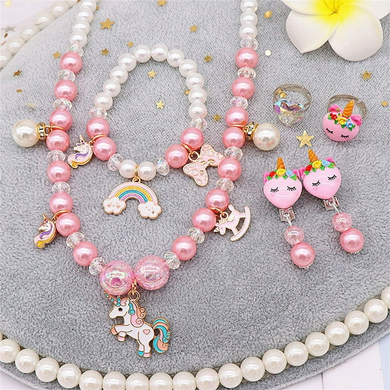 Riapawel 6 Pcs Girls Princess Pearl Necklace Bracelet Set, Unicorn Pendant  Girls Accessories, Party Dress up Jewelry, Ages 3 Years & up