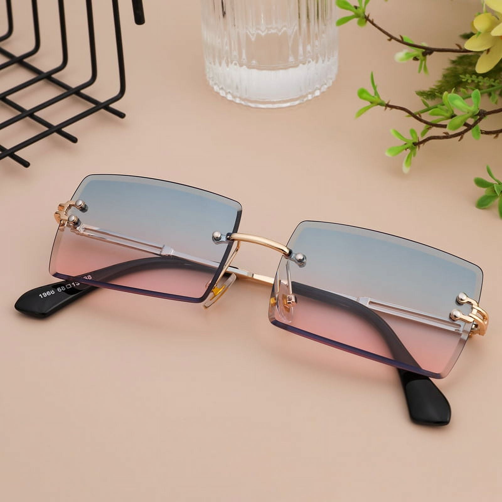 Riapawel Rectangle Rimless Sunglasses for Men Women Vintage Retro Square  Gold Metal Frameless Glasses Tinted Lens