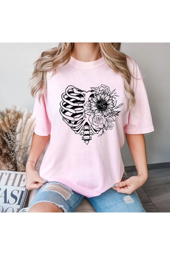 Rib Cage Flower Shirt, Rib Cage Shirt, V-Day T-Shirt, Love Shirt, Skeleton Shirt, Floral Shirt LIGHT PINK Unisex S-5XL Hot Trending Shirt, Vintage Birthday Gift
