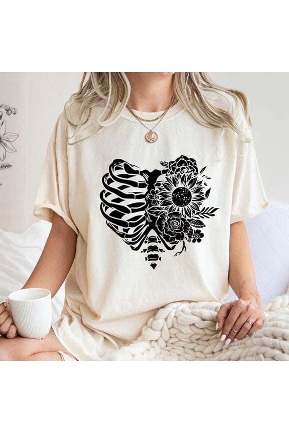 Rib Cage Flower Shirt, Rib Cage Shirt, V-Day T-Shirt, Love Shirt, Skeleton Shirt, Floral Shirt WHITE Unisex S-5XL Hot Trending Shirt, Vintage Birthday Gift