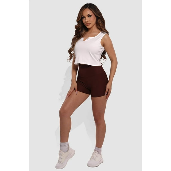 Rib Knit High Waist Hot Shorts - Chocolate Brown