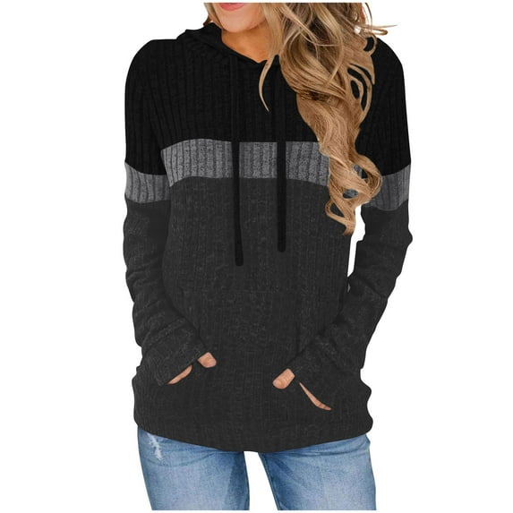 Rib-Knit Hoodies for Women Color Block Hooded Pullover Sweatshirt with Pocket Long Sleeve Drawcord Tops (M, Black)